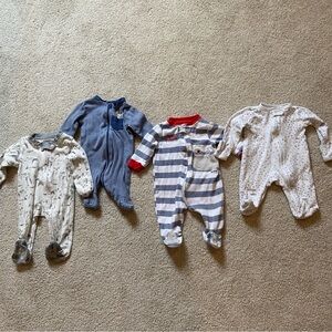 Burt’s Bees, etc Newborn footy pajama bundle of four birds, bees, etc.
